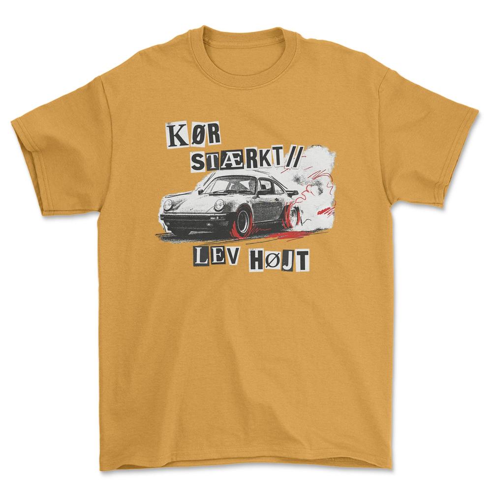 Porsche Kør Stærkt Lev Højt - Unisex T-Shirt-Beklædning-Porsche-Guld-S-Garage Culture Shop- garage - man cave - merchandise