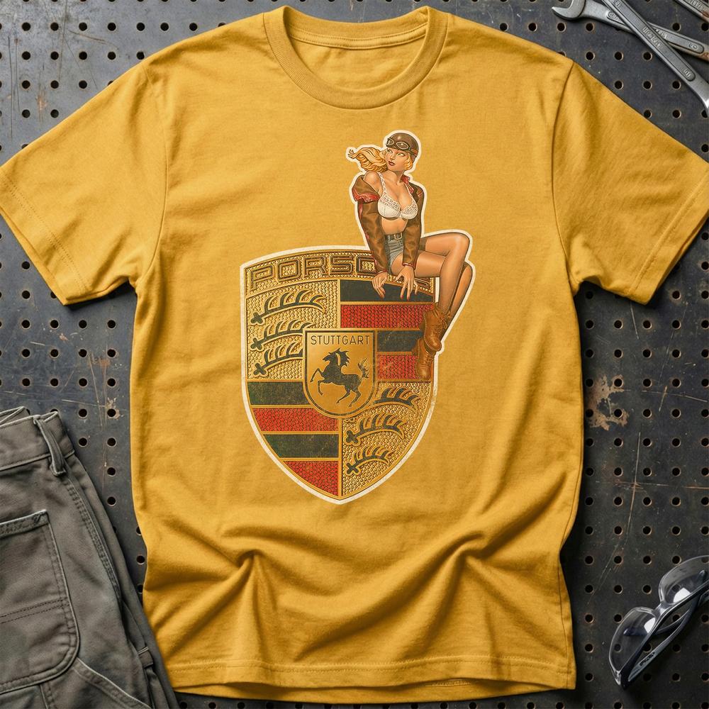Porsche Pinup - Unisex T-Shirt , Bomuld-Beklædning-Porsche-Guld-S-Garage Culture Shop- garage - man cave - merchandise