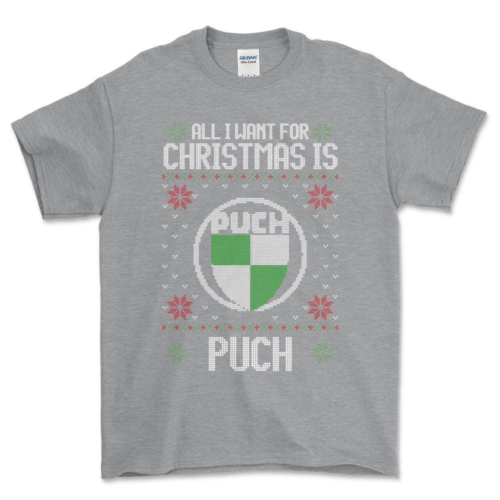Puch - All I Want For Christmas - Unisex T-Shirt , Bomuld-Beklædning-Puch-Grå Sport-S-Forside-Garage Culture Shop- garage - man cave - merchandise