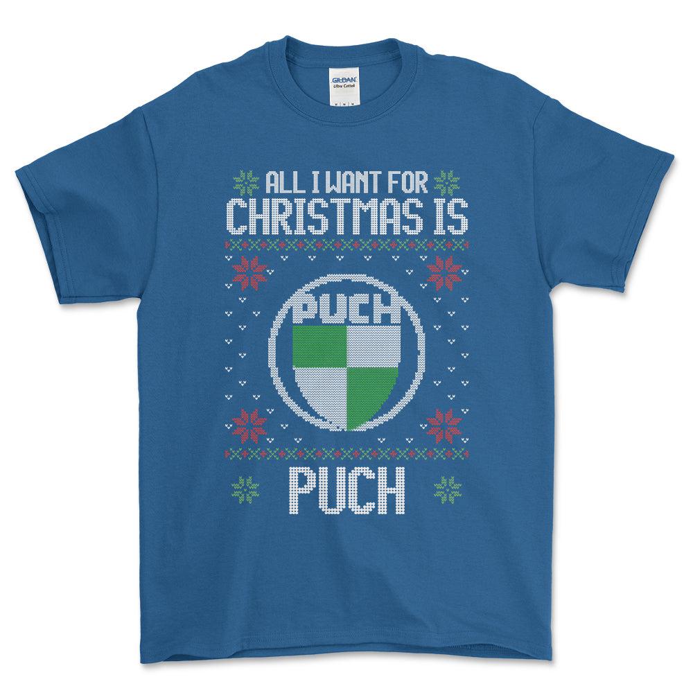 Puch - All I Want For Christmas - Unisex T-Shirt , Bomuld-Beklædning-Puch-Blå Royal-S-Forside-Garage Culture Shop- garage - man cave - merchandise