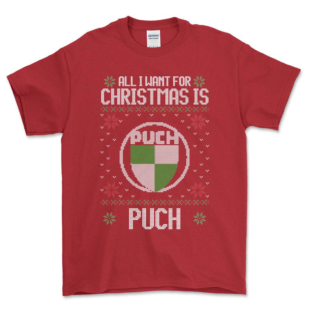 Puch - All I Want For Christmas - Unisex T-Shirt , Bomuld-Beklædning-Puch-Rød-S-Forside-Garage Culture Shop- garage - man cave - merchandise