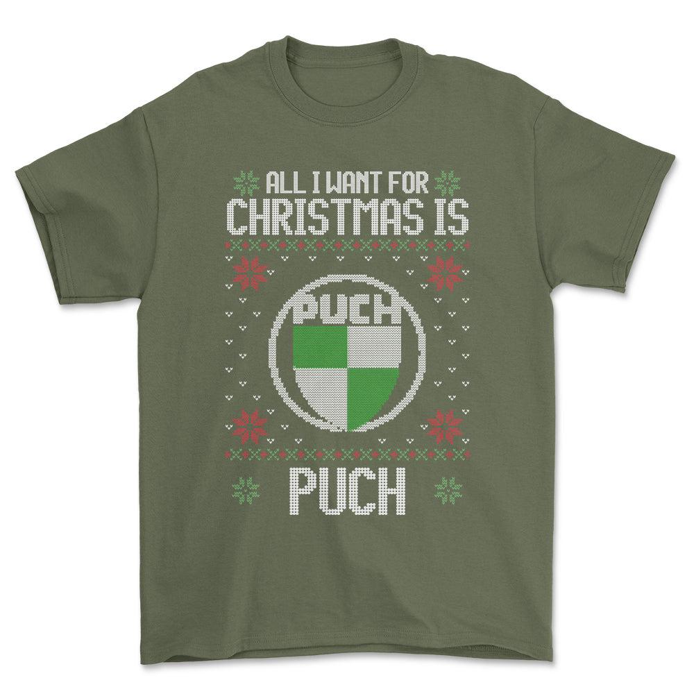 Puch - All I Want For Christmas - Unisex T-Shirt , Bomuld-Beklædning-Puch-Grøn Militær-S-Forside-Garage Culture Shop- garage - man cave - merchandise