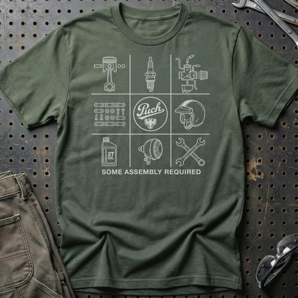 Puch Assembly Required - Unisex T-Shirt , Bomuld-Beklædning-Puch-Grøn Militær-S-Garage Culture Shop- garage - man cave - merchandise