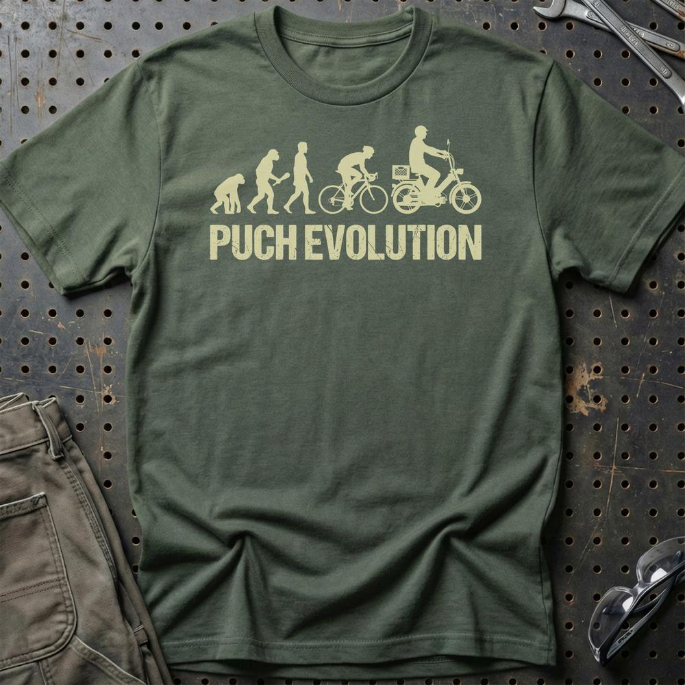 Puch Evolution - Unisex T-Shirt , Bomuld-Beklædning-Puch-Grøn Militær-S-Garage Culture Shop- garage - man cave - merchandise