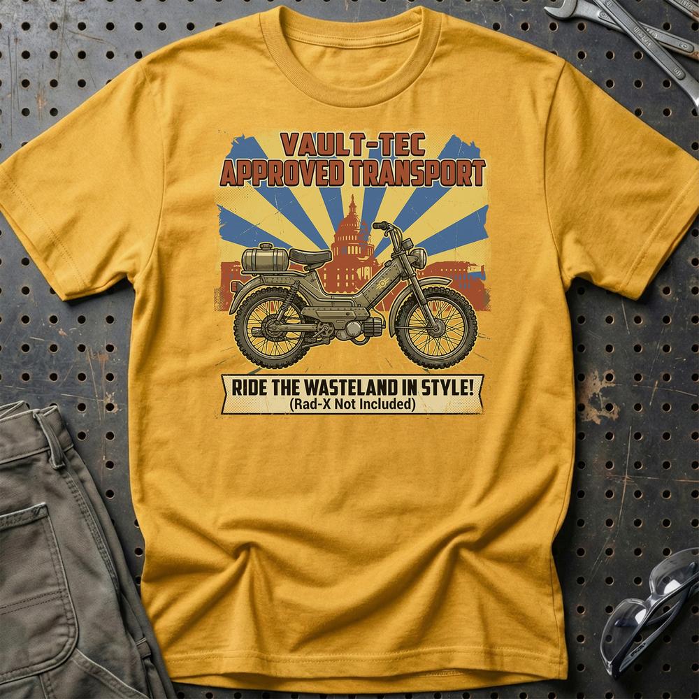 Puch Fallout Vault-Tec Approved Transport Wasteland Moped - Unisex T-Shirt , Bomuld-Beklædning-Puch-Guld-S-Garage Culture Shop- garage - man cave - merchandise