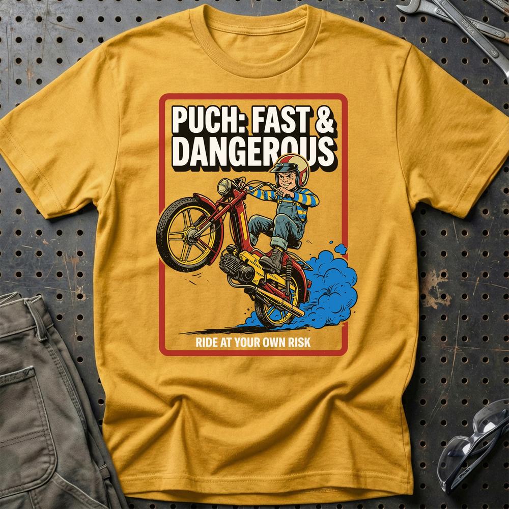 Puch Fast & Dangerous - Unisex T-Shirt , Bomuld-Beklædning-Puch-Guld-S-Garage Culture Shop- garage - man cave - merchandise