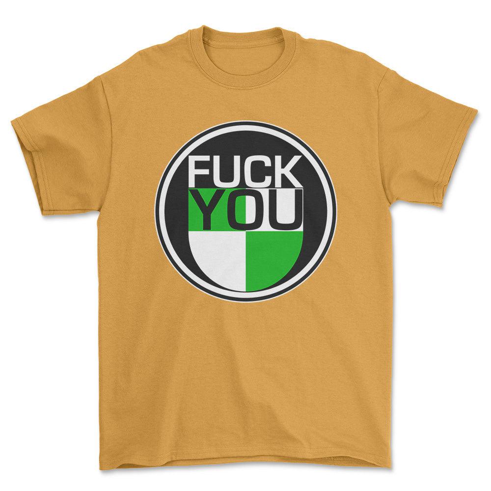 Puch Fuck You Unisex T-Shirt , Bomuld-Beklædning-Puch-Guld-S-Forside-Garage Culture Shop- garage - man cave - merchandise