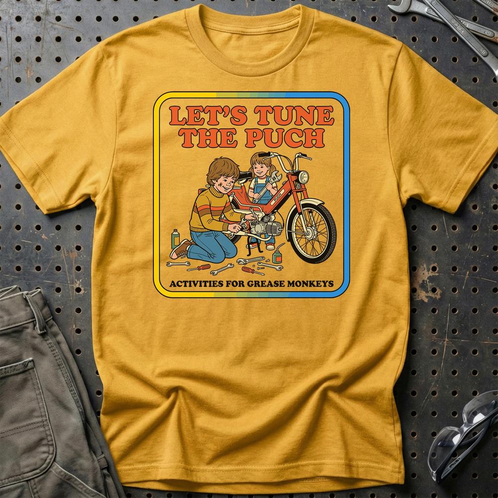 Puch Let’s Tune the Puch Funny Vintage Mechanic - Unisex T-Shirt , Bomuld-Beklædning-Puch-Guld-S-Garage Culture Shop- garage - man cave - merchandise
