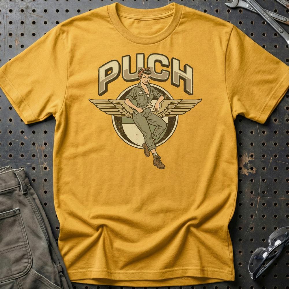 Puch Pinup - Unisex T-Shirt , Bomuld-Beklædning-Puch-Guld-S-Garage Culture Shop- garage - man cave - merchandise