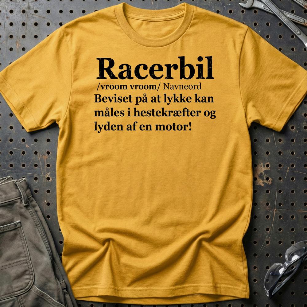 Racerbil – Dansk Definition for Ægte Bilentusiaster - Unisex T-Shirt , Bomuld-Beklædning-Garage Culture-Guld-S-Garage Culture Shop- garage - man cave - merchandise