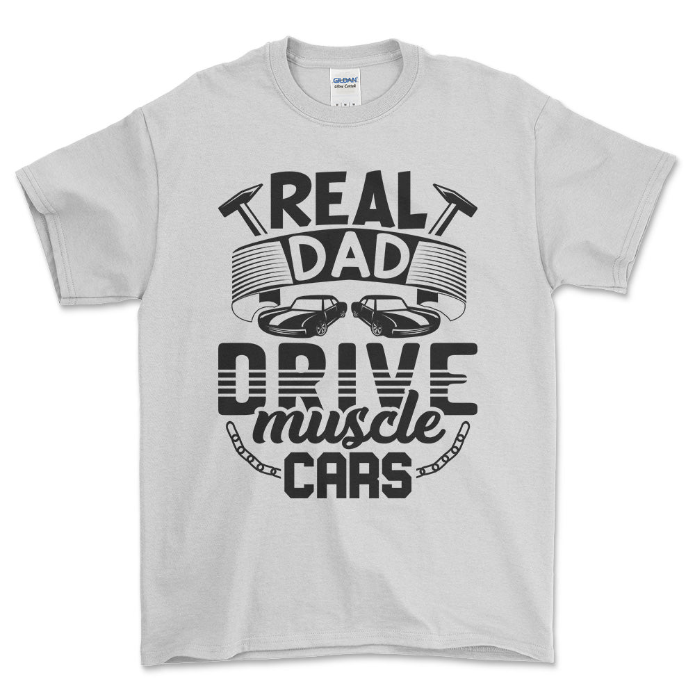 Real Dad Drive Muscle Car T-Shirt , Bomuld-Beklædning-Garage Culture-Hvid-S-Forside-Garage Culture Shop- garage - man cave - merchandise