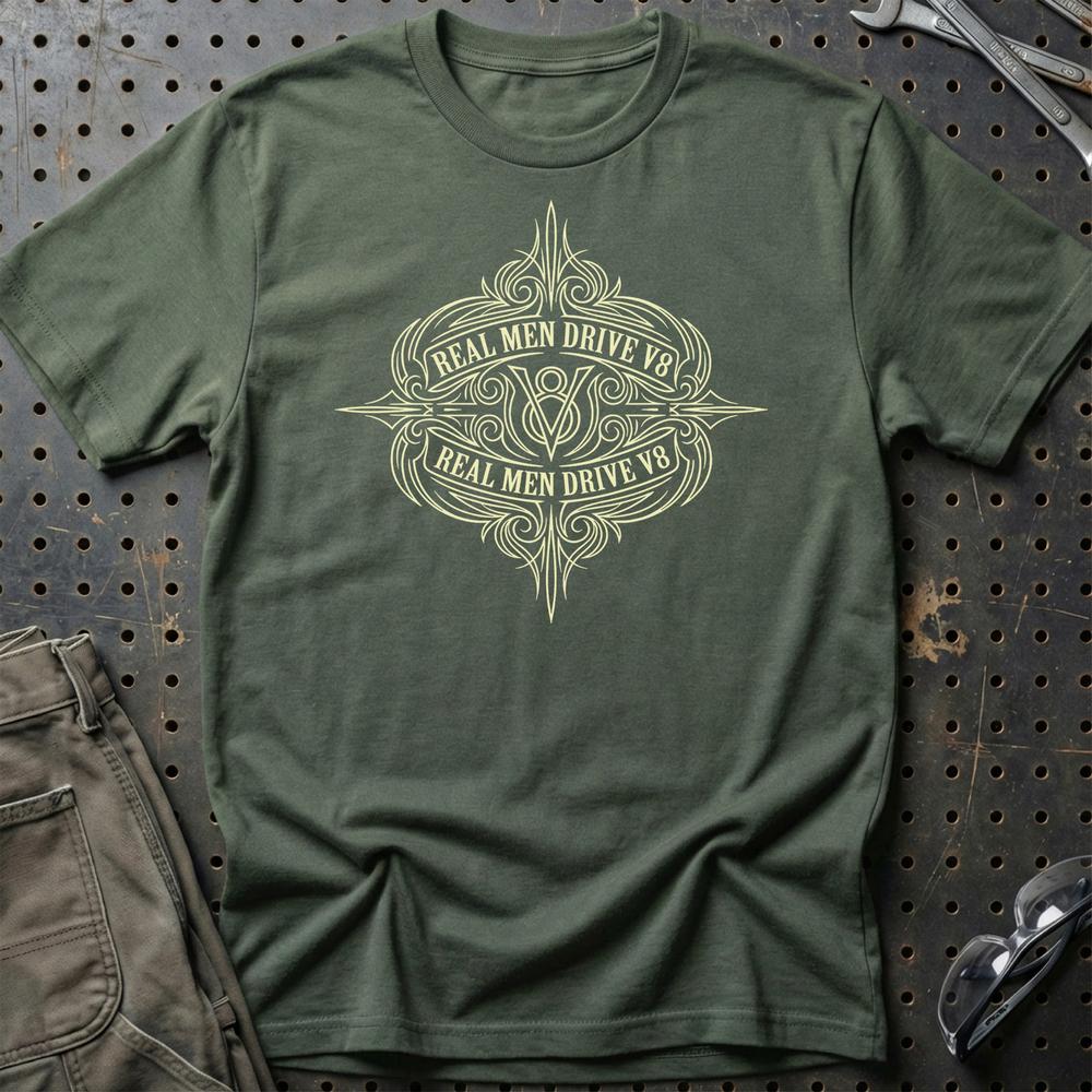 Real Men Drive V8 - Unisex T-Shirt , Bomuld-Beklædning-Garage Culture-Grøn Militær-S-Garage Culture Shop- garage - man cave - merchandise
