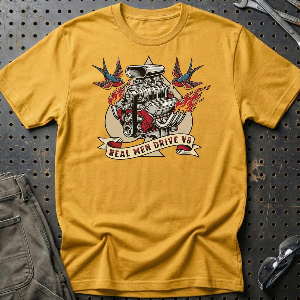 Real Men Drive V8 - Unisex T-Shirt , Bomuld-Beklædning-Garage Culture-Guld-S-Garage Culture Shop- garage - man cave - merchandise