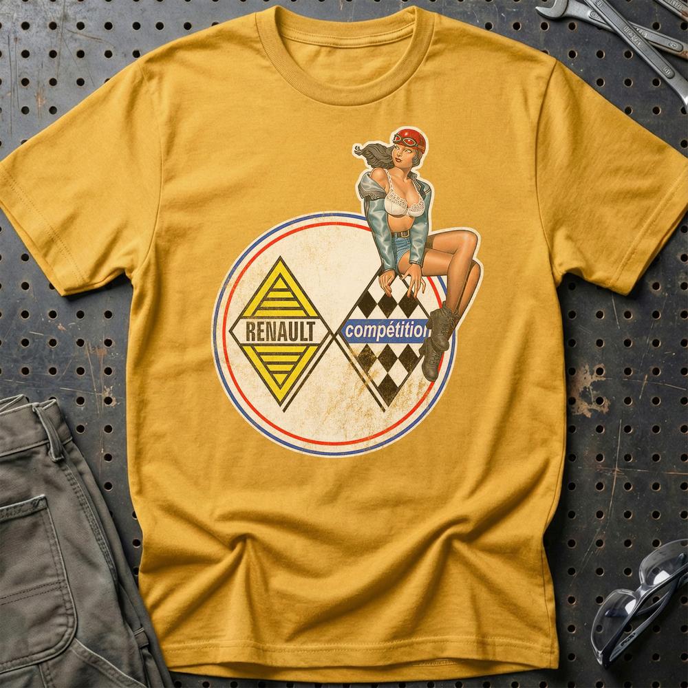 Renault Pinup - Unisex T-Shirt , Bomuld-Beklædning-Renault-Guld-S-Garage Culture Shop- garage - man cave - merchandise