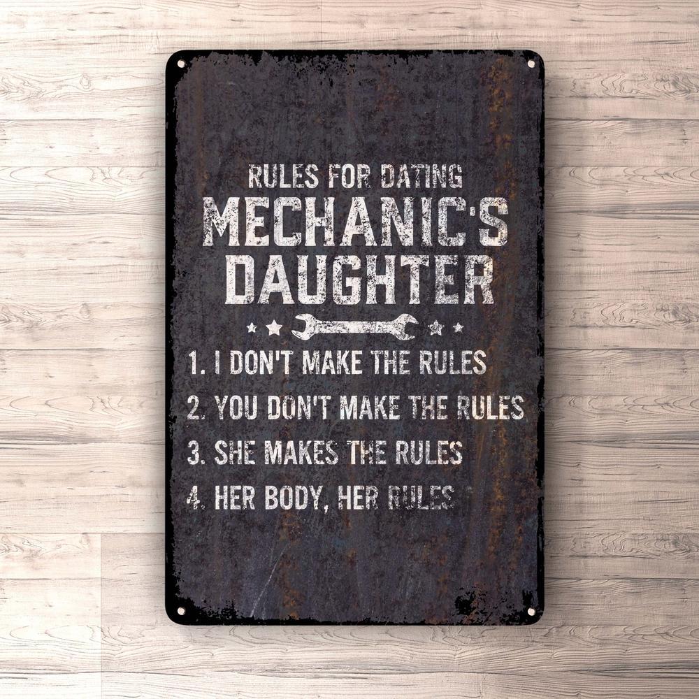 Rules For Dating Mechanics Daughter Skilte, Musemåtte, Dørmåtte-Skilte-Funny Garage-Garage Culture Shop- garage - man cave - merchandise