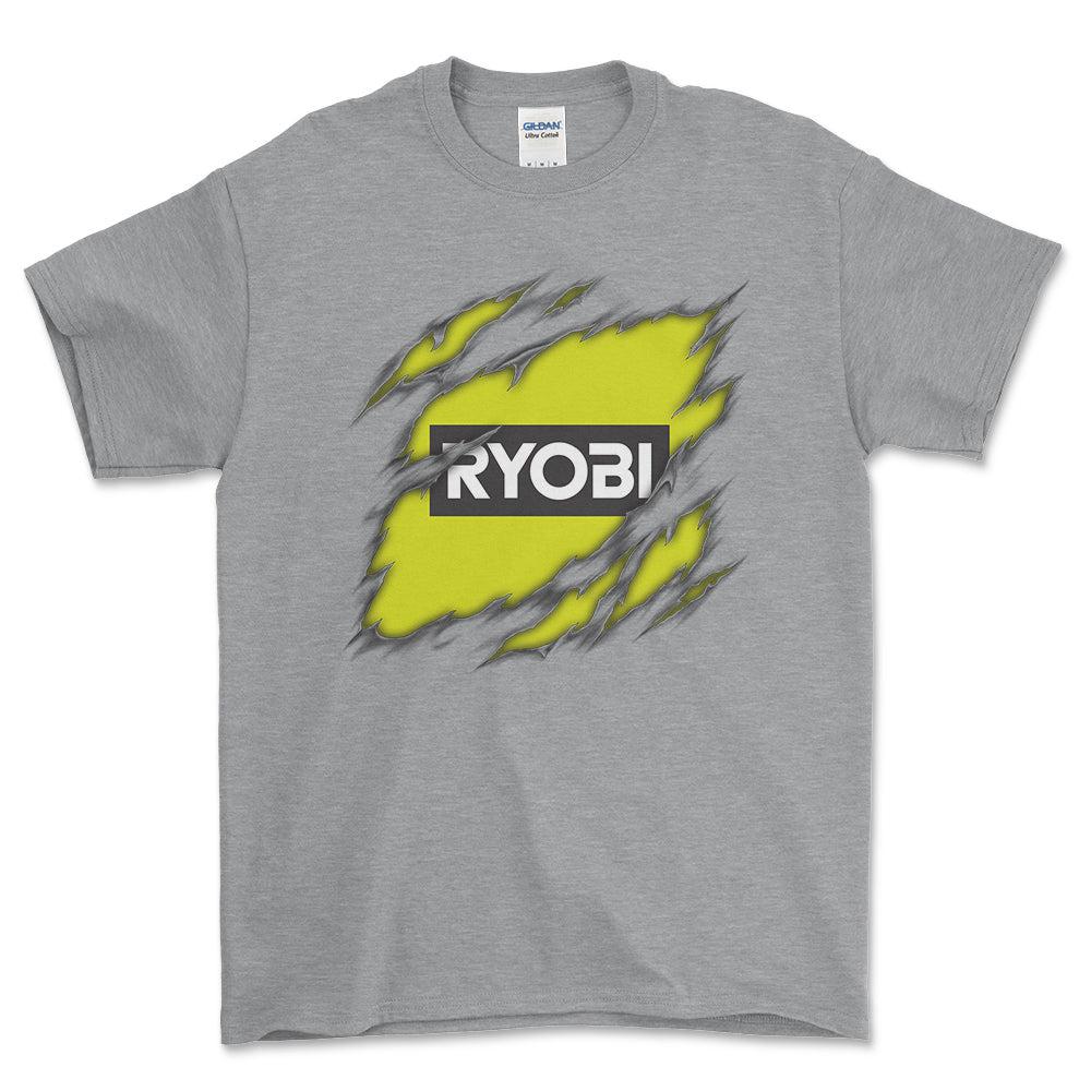 Ryobi Ripped Unisex T-Shirt , Bomuld-Beklædning-Tools-Grå Sport-S-Forside-Garage Culture Shop- garage - man cave - merchandise