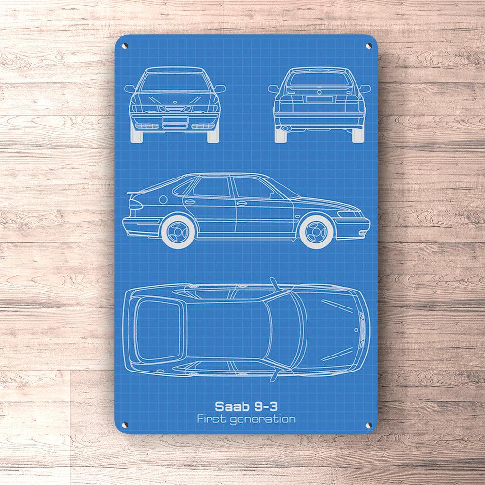 Saab 9-3 5-Door First Gen Blueprint Skilte, Musemåtte, Dørmåtte , Plakat-Blueprint-Saab-Garage Culture Shop- garage - man cave - merchandise