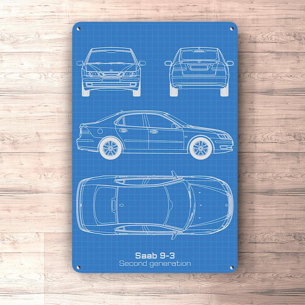 Saab 9-3 Second Gen Blueprint Skilte, Musemåtte, Dørmåtte , Plakat-Blueprint-Saab-Garage Culture Shop- garage - man cave - merchandise