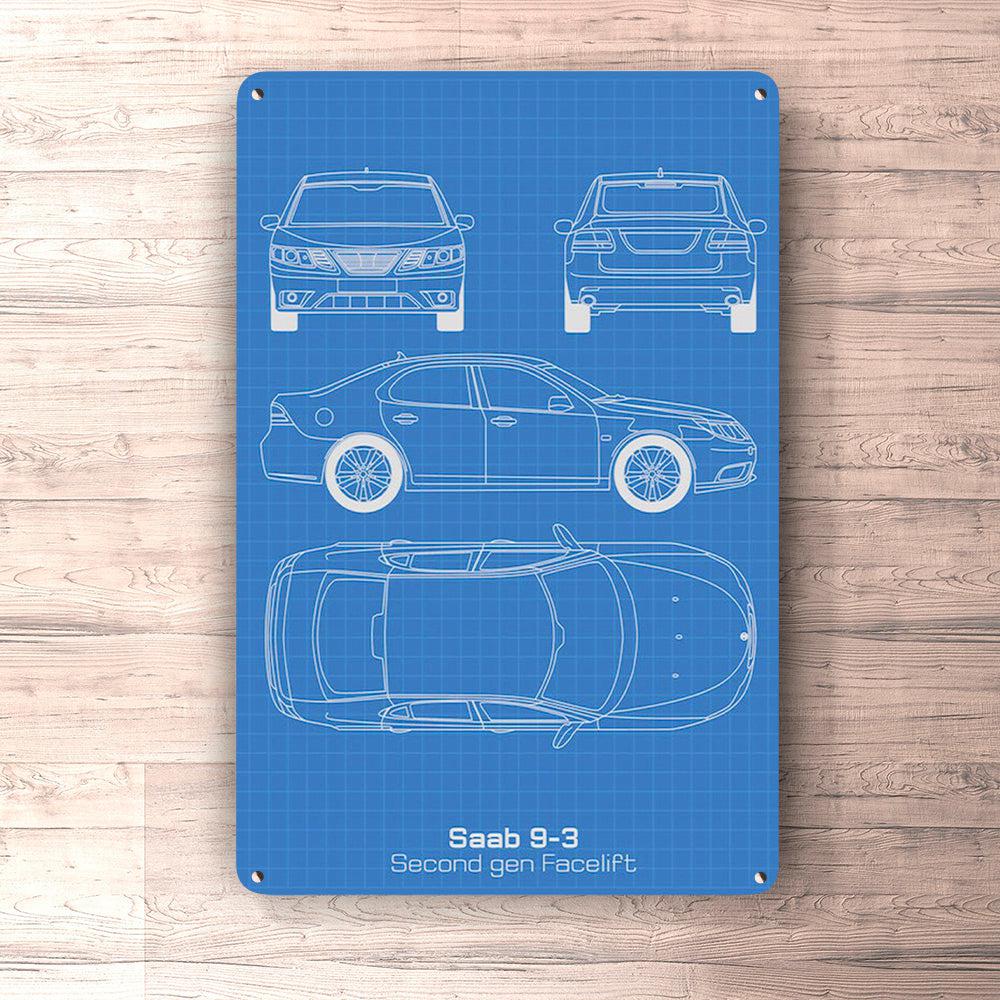 Saab 9-3 Second Gen Facelift Blueprint Skilte, Musemåtte, Dørmåtte-Blueprint-Saab-Garage Culture Shop- garage - man cave - merchandise