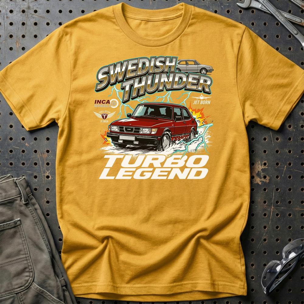 Saab 99 Turbo Swedish Thunder Classic Car - Unisex T-Shirt-Beklædning-SAAB-Guld-S-Garage Culture Shop- garage - man cave - merchandise