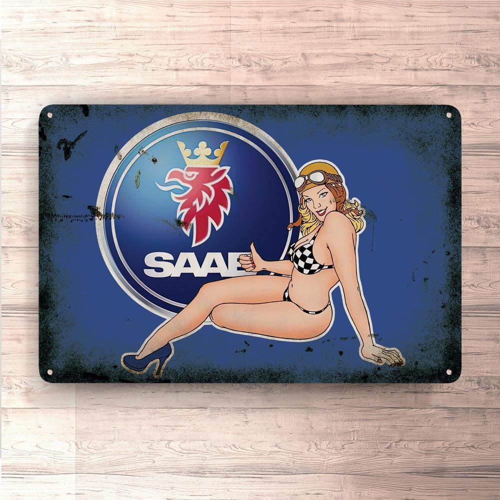 Saab Pin-Up Vintage Skilte, Musemåtte, Dørmåtte , Plakat-Skilte-Saab-Garage Culture Shop- garage - man cave - merchandise