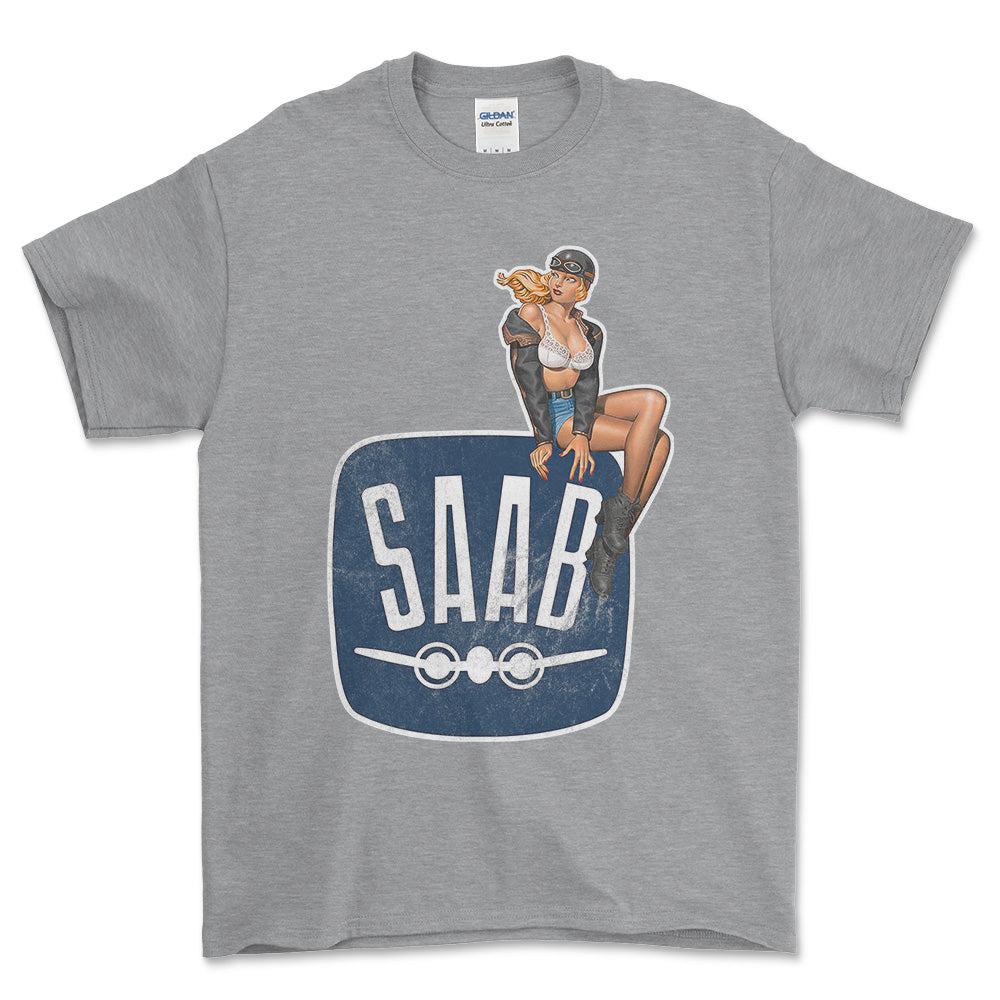 Saab Pinup - Unisex T-Shirt , Bomuld-Beklædning-Saab-Grå Sport-S-Forside-Garage Culture Shop- garage - man cave - merchandise