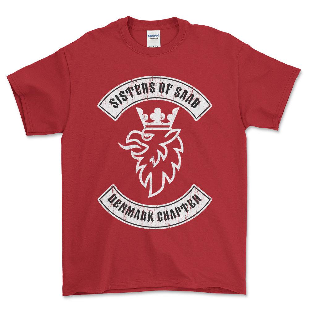 Saab Sisters Of Saab Denmark Chapter Unisex T-Shirt , Bomuld-Beklædning-Saab-Rød-S-Forside-Garage Culture Shop- garage - man cave - merchandise