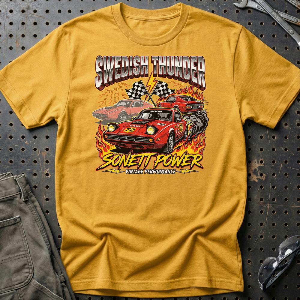 Saab Sonett Swedish Thunder Vintage Performance - Unisex T-Shirt-Beklædning-SAAB-Guld-S-Garage Culture Shop- garage - man cave - merchandise