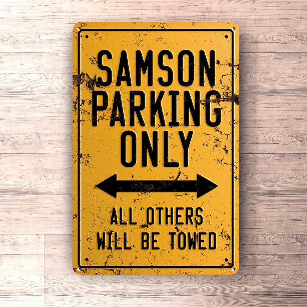Samson Parking Only Skilte, Musemåtte, Dørmåtte-Parking skilte-Samson-Garage Culture Shop- garage - man cave - merchandise