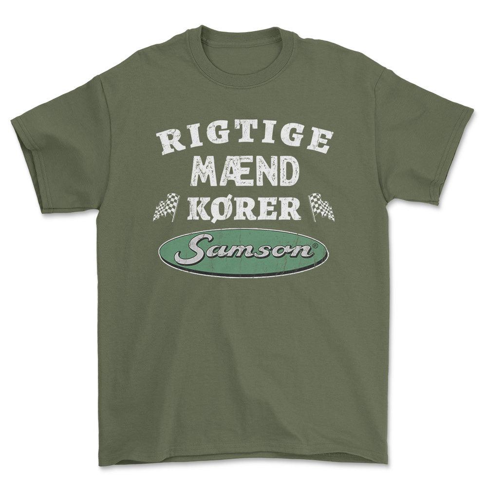 Samson Rigtige Mænd Kører - Unisex T-Shirt , Bomuld-Beklædning-Samson-Grøn Militær-S-Forside-Garage Culture Shop- garage - man cave - merchandise