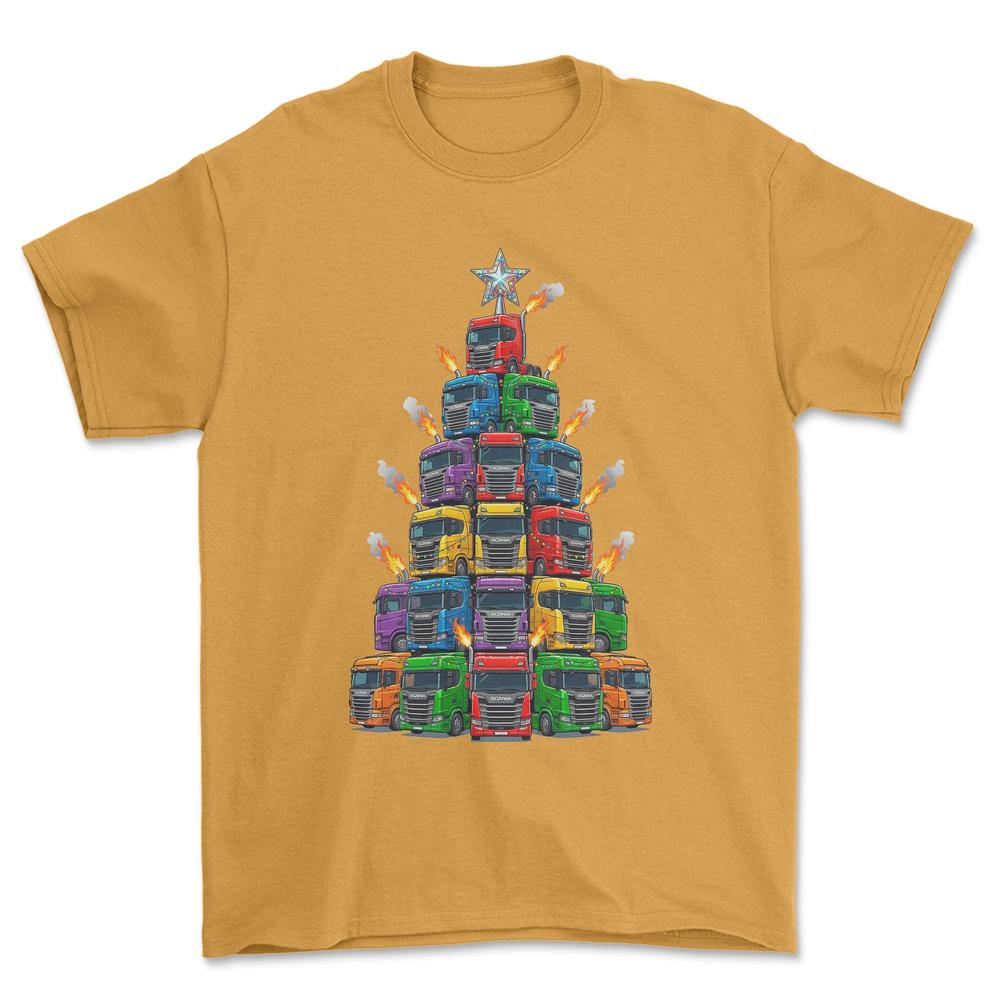 Scania Lastbil Juletræ Christmas Tree - Unisex T-Shirt-Beklædning-Scania-Guld-S-Forside-Garage Culture Shop- garage - man cave - merchandise
