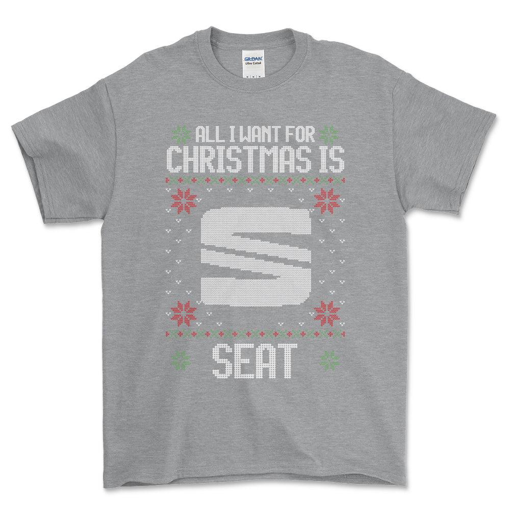 Seat - All I Want For Christmas - Unisex T-Shirt , Bomuld-Beklædning-Seat-Grå Sport-S-Forside-Garage Culture Shop- garage - man cave - merchandise