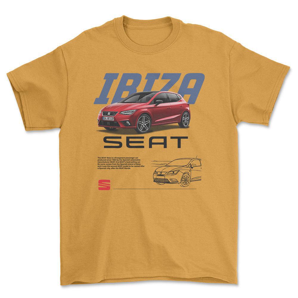 Seat Ibiza - Unisex T-Shirt , Bomuld-Beklædning-Seat-Guld-S-Forside-Garage Culture Shop- garage - man cave - merchandise