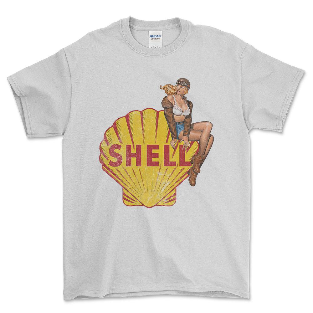 Shell Pinup - Unisex T-Shirt , Bomuld-Beklædning-Motoroil-Hvid-S-Forside-Garage Culture Shop- garage - man cave - merchandise