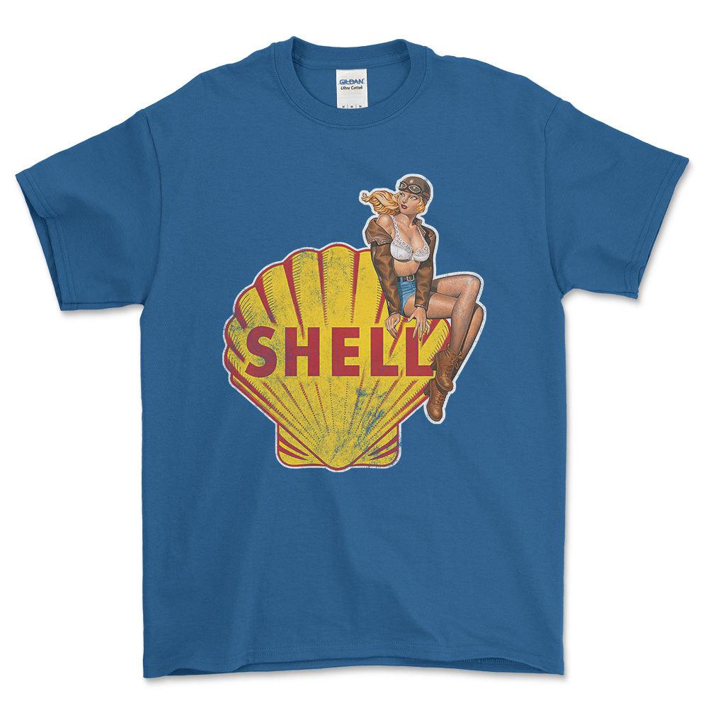 Shell Pinup - Unisex T-Shirt , Bomuld-Beklædning-Motoroil-Blå Royal-S-Forside-Garage Culture Shop- garage - man cave - merchandise