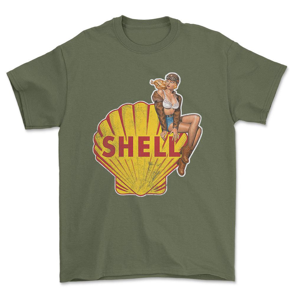 Shell Pinup - Unisex T-Shirt , Bomuld-Beklædning-Motoroil-Grøn Militær-S-Forside-Garage Culture Shop- garage - man cave - merchandise