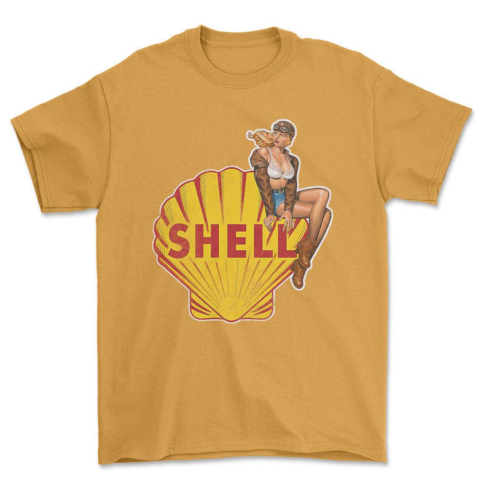 Shell Pinup - Unisex T-Shirt , Bomuld-Beklædning-Motoroil-Guld-S-Forside-Garage Culture Shop- garage - man cave - merchandise