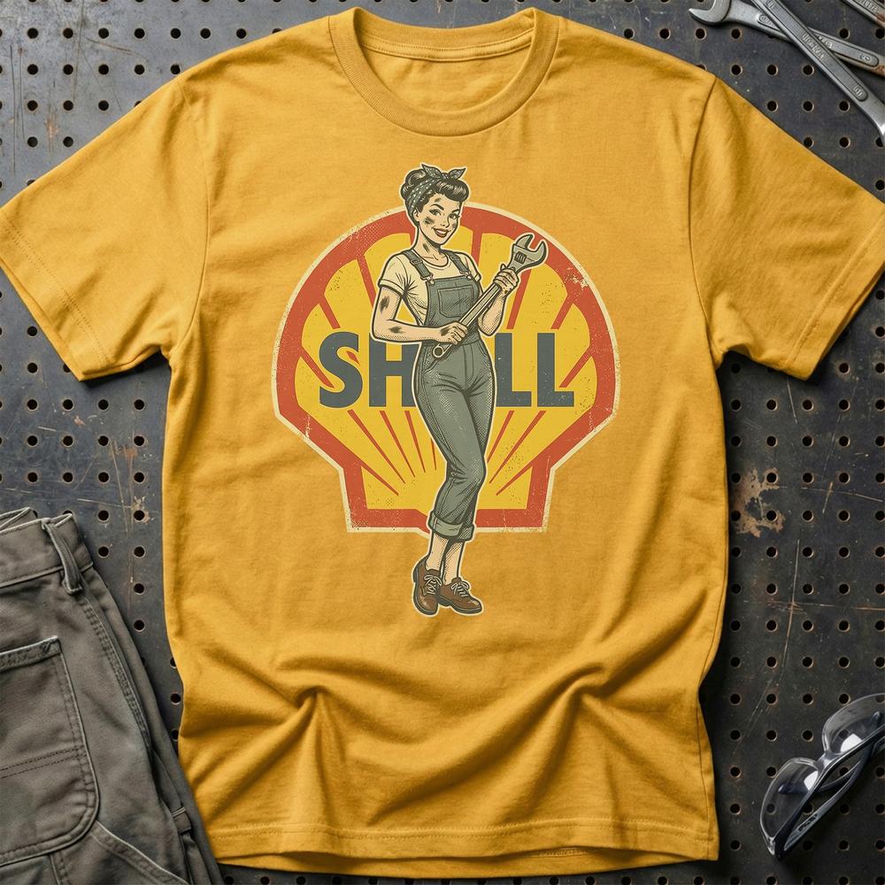 Shell Pinup - Unisex T-Shirt , Bomuld-Beklædning-Motoroil-Guld-S-Garage Culture Shop- garage - man cave - merchandise