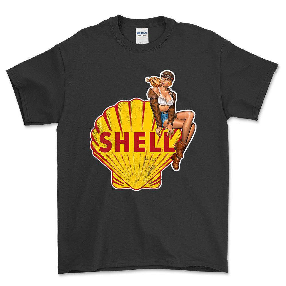 Shell Pinup - Unisex T-Shirt , Bomuld-Beklædning-Motoroil-Sort-S-Forside-Garage Culture Shop- garage - man cave - merchandise