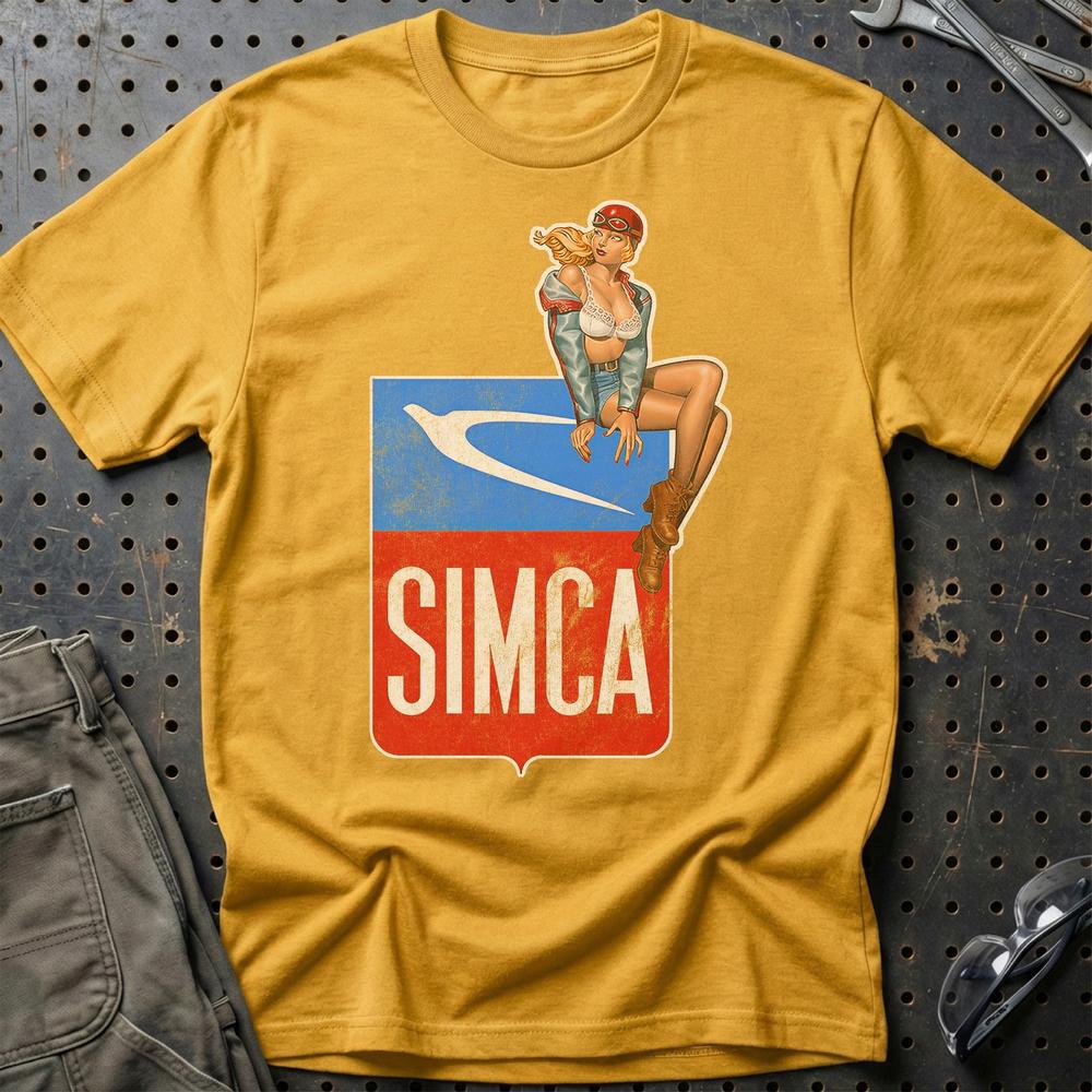 Simca Pinup - Unisex T-Shirt , Bomuld-Beklædning-Simca-Guld-S-Garage Culture Shop- garage - man cave - merchandise