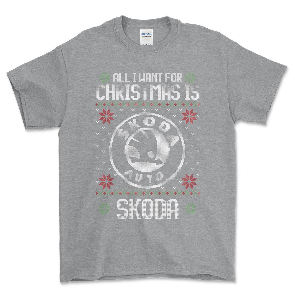 Skoda - All I Want For Christmas - Unisex T-Shirt , Bomuld-Beklædning-Skoda-Grå Sport-S-Forside-Garage Culture Shop- garage - man cave - merchandise
