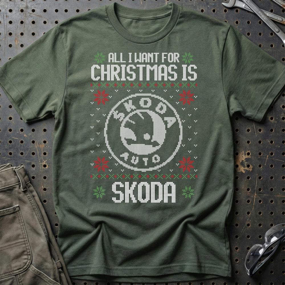 Skoda - All I Want For Christmas - Unisex T-Shirt , Bomuld-Beklædning-Skoda-Grøn Militær-S-Garage Culture Shop- garage - man cave - merchandise
