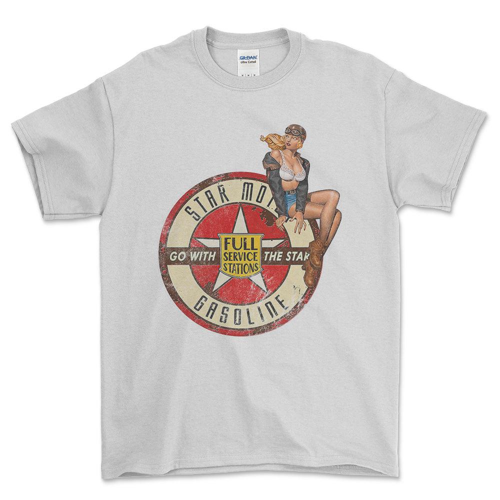 Star Motor Gasoline Pinup - Unisex T-Shirt , Bomuld-Beklædning-Motoroil-Hvid-S-Forside-Garage Culture Shop- garage - man cave - merchandise