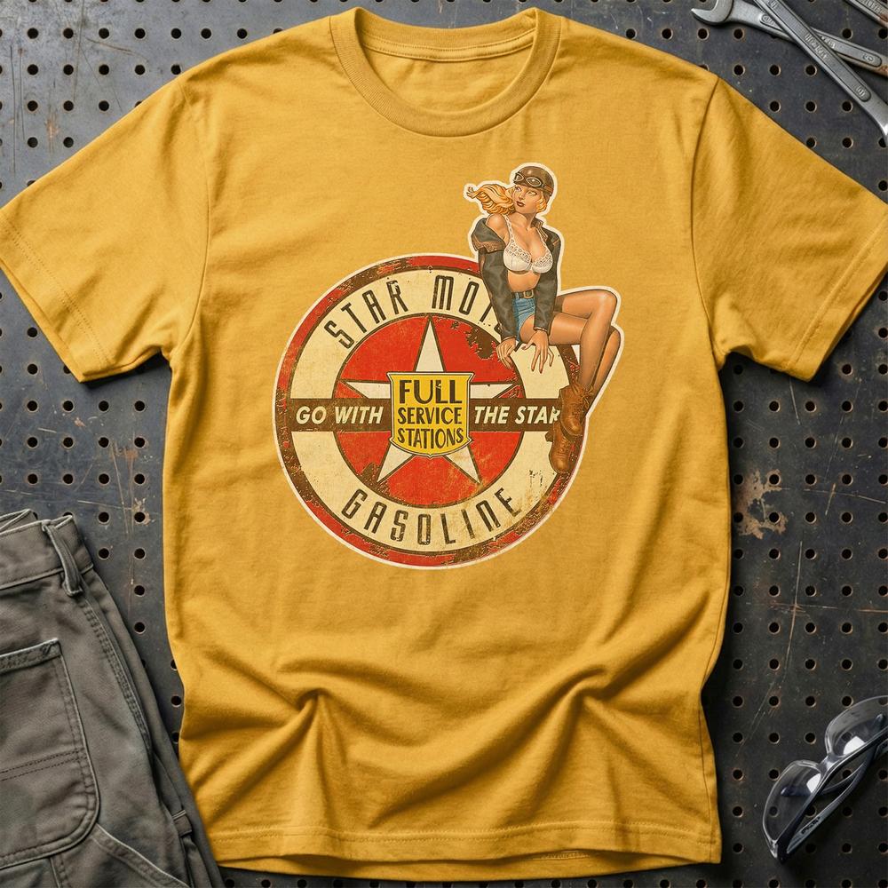 Star Motor Gasoline Pinup - Unisex T-Shirt , Bomuld-Beklædning-Motoroil-Guld-S-Garage Culture Shop- garage - man cave - merchandise