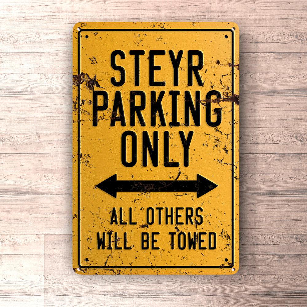 Steyr Parking Only Skilte, Musemåtte, Dørmåtte-Parking skilte-Steyr-Garage Culture Shop- garage - man cave - merchandise