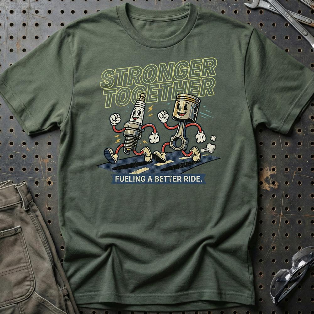 Stronger Together – Oldschool Mascot Engine Parts - Unisex T-Shirt , Bomuld-Beklædning-Garage Culture-Grøn Militær-S-Garage Culture Shop- garage - man cave - merchandise