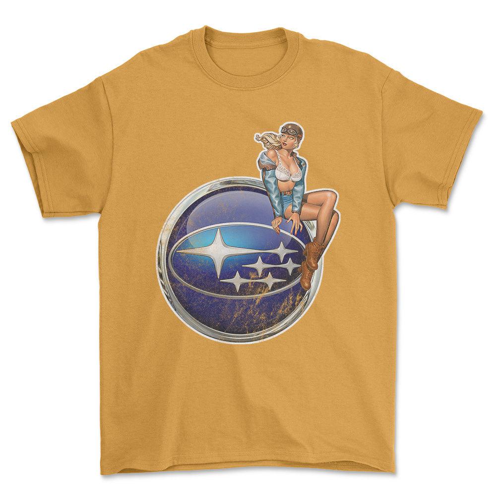 Subaru Pinup - Unisex T-Shirt , Bomuld-Beklædning-Subaru-Garage Culture Shop- garage - man cave - merchandise