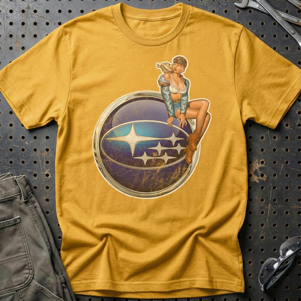 Subaru Pinup - Unisex T-Shirt , Bomuld-Beklædning-Subaru-Guld-S-Garage Culture Shop- garage - man cave - merchandise