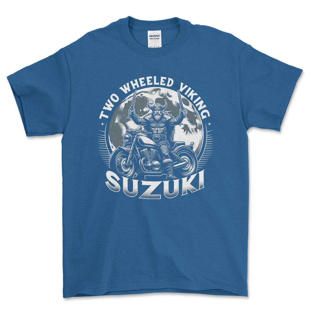 Suzuki Two Wheeled Viking Rides Suzuki - Unisex T-Shirt , Bomuld-Beklædning-Suzuki-Blå Royal-S-Forside-Garage Culture Shop- garage - man cave - merchandise