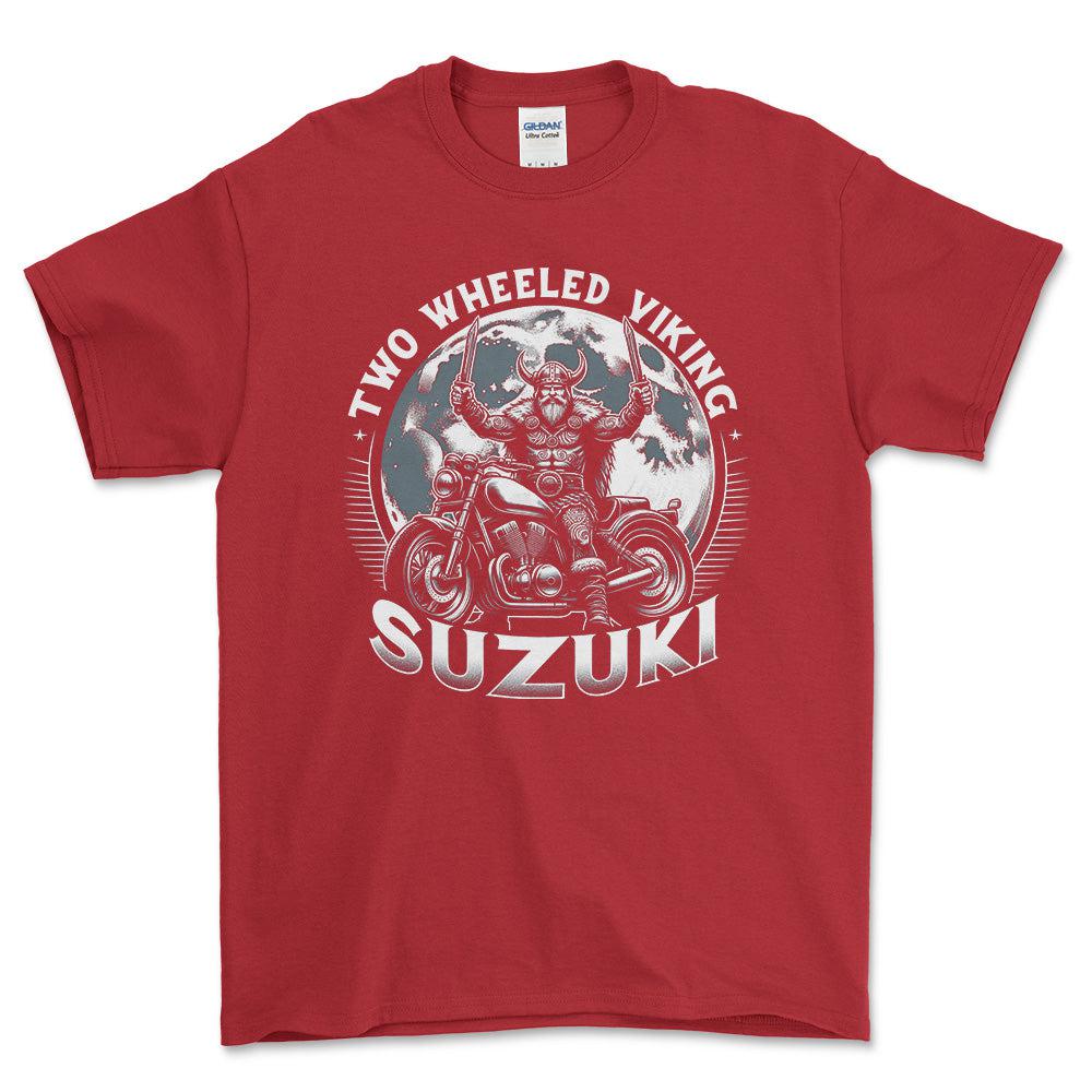 Suzuki Two Wheeled Viking Rides Suzuki - Unisex T-Shirt , Bomuld-Beklædning-Suzuki-Rød-S-Forside-Garage Culture Shop- garage - man cave - merchandise